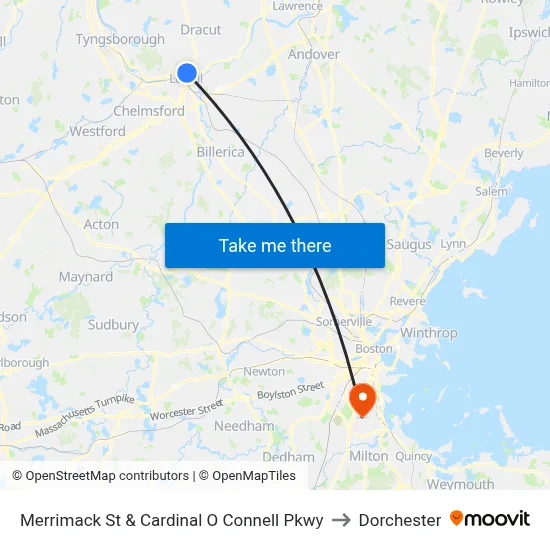 Merrimack St & Cardinal O Connell Pkwy to Dorchester map
