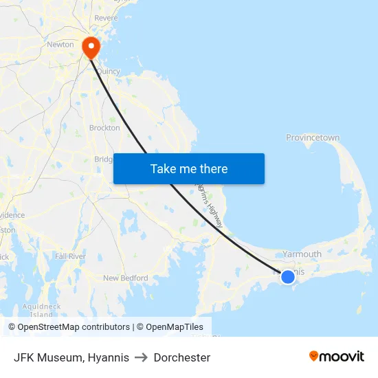 JFK Museum, Hyannis to Dorchester map