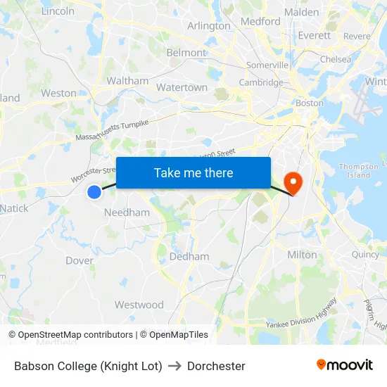 Babson College (Knight Lot) to Dorchester map