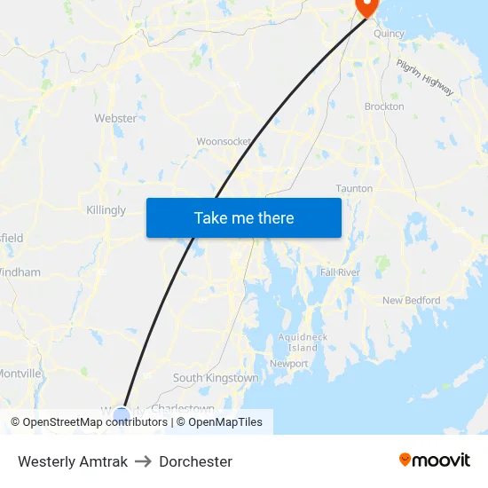 Westerly Amtrak to Dorchester map
