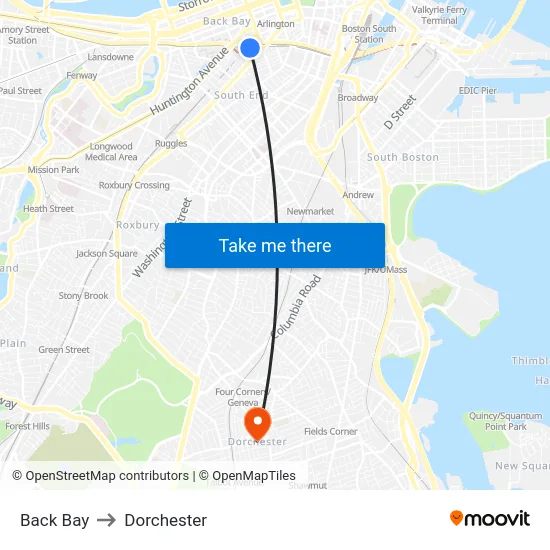 Back Bay to Dorchester map