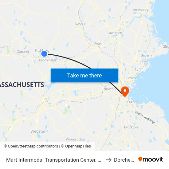Mart Intermodal Transportation Center, Fitchburg to Dorchester map