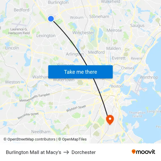 Burlington Mall at Macy's to Dorchester map