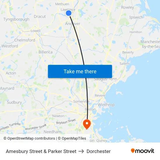 Amesbury Street & Parker Street to Dorchester map