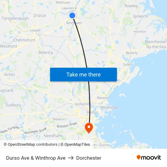 Durso Ave & Winthrop Ave to Dorchester map