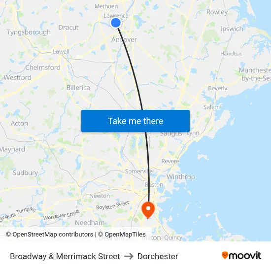 Broadway & Merrimack Street to Dorchester map