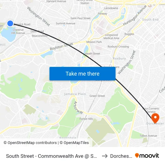 South Street - Commonwealth Ave @ South St to Dorchester map