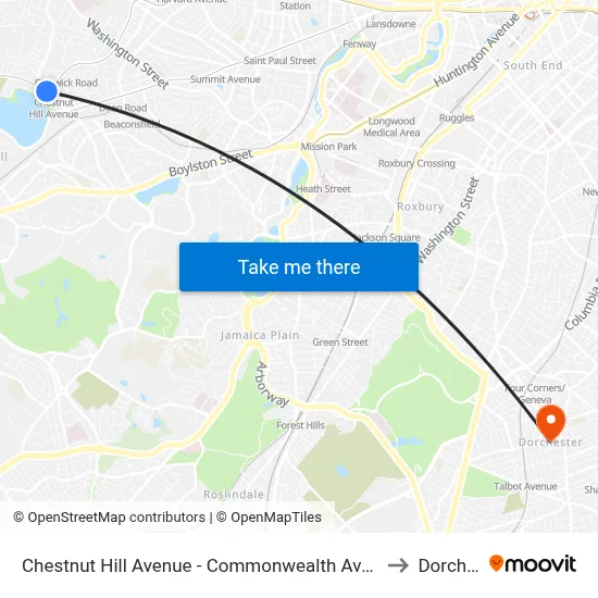 Chestnut Hill Avenue - Commonwealth Ave @ Chestnut Hill Ave to Dorchester map