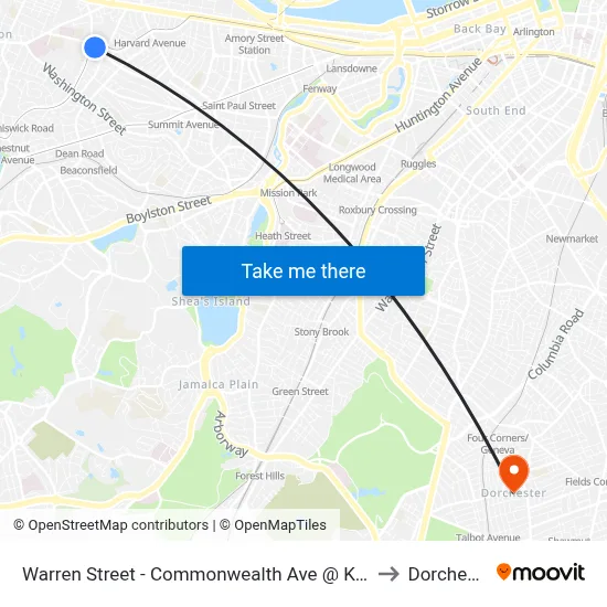 Warren Street - Commonwealth Ave @ Kelton St to Dorchester map