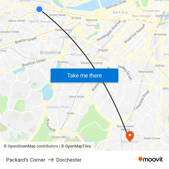 Packard's Corner to Dorchester map