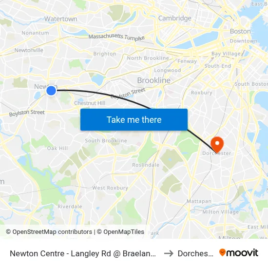 Newton Centre - Langley Rd @ Braeland Ave to Dorchester map