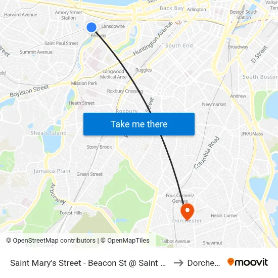 Saint Mary's Street - Beacon St @ Saint Mary's St to Dorchester map