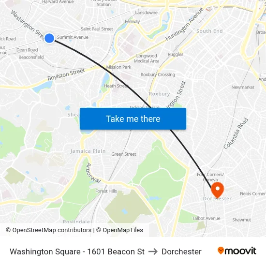 Washington Square - 1601 Beacon St to Dorchester map