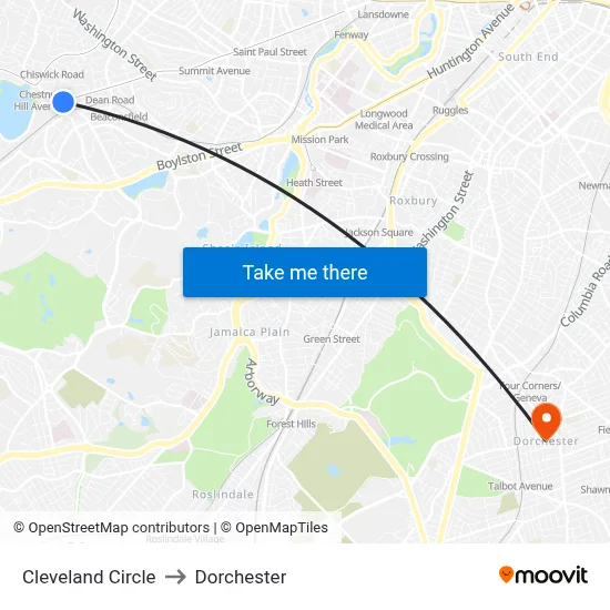 Cleveland Circle to Dorchester map