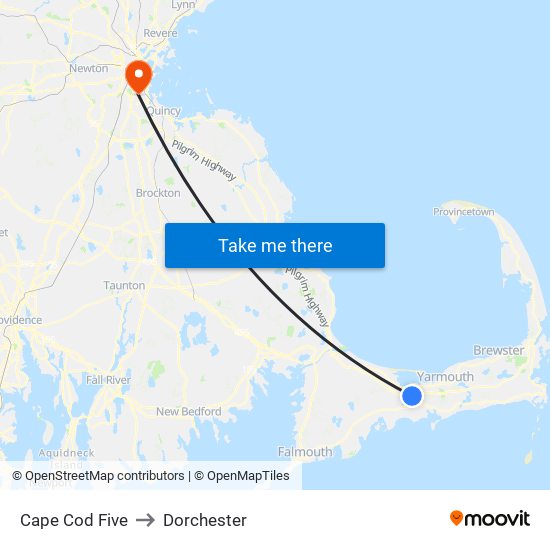 Cape Cod Five to Dorchester map