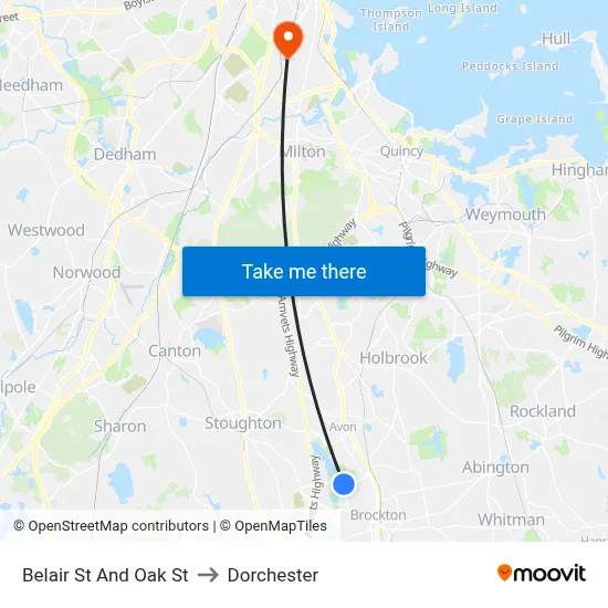 Belair St And Oak St to Dorchester map