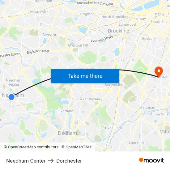 Needham Center to Dorchester map