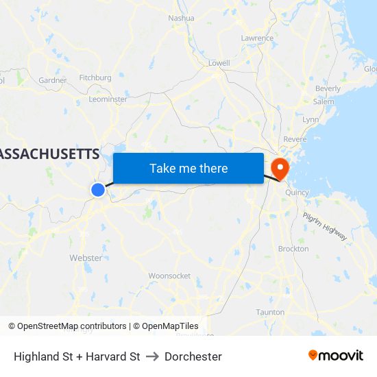 Highland St + Harvard St to Dorchester map