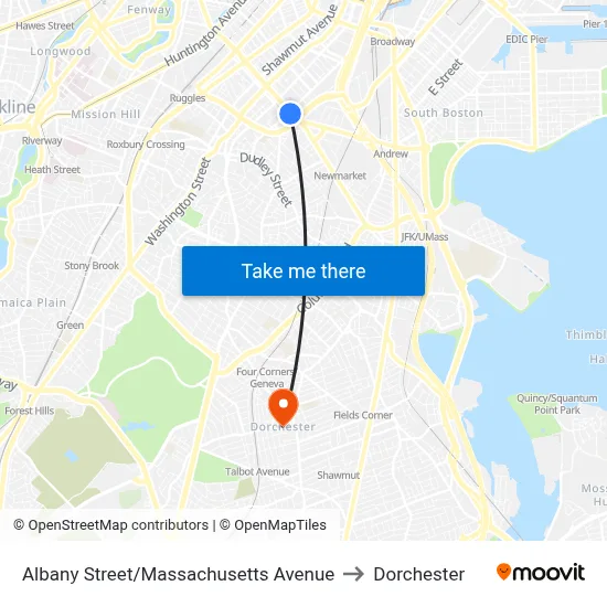 Albany Street/Massachusetts Avenue to Dorchester map