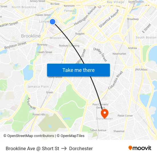 Brookline Ave @ Short St to Dorchester map