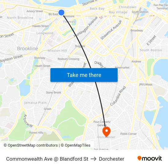 Commonwealth Ave @ Blandford St to Dorchester map