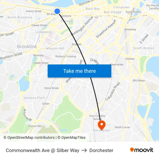Commonwealth Ave @ Silber Way to Dorchester map