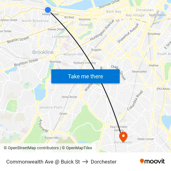 Commonwealth Ave @ Buick St to Dorchester map