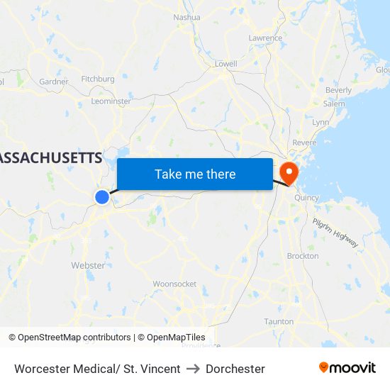 Worcester Medical/ St. Vincent to Dorchester map