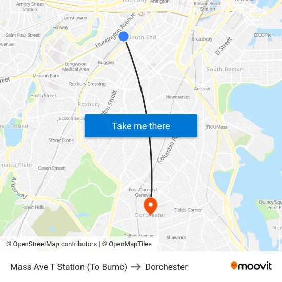 Mass Ave T Station (To Bumc) to Dorchester map