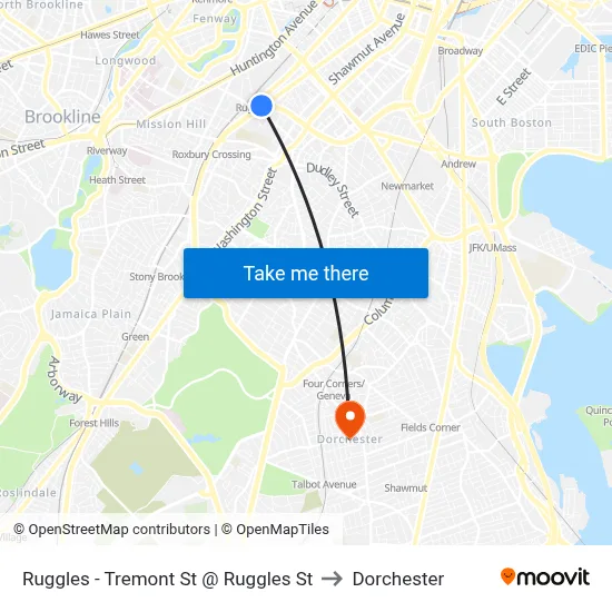 Ruggles - Tremont St @ Ruggles St to Dorchester map
