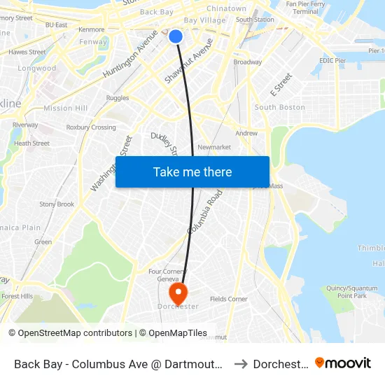 Back Bay - Columbus Ave @ Dartmouth St to Dorchester map