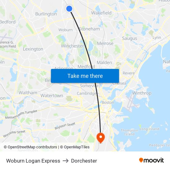 Woburn Logan Express to Dorchester map