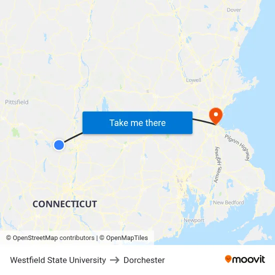 Westfield State University to Dorchester map