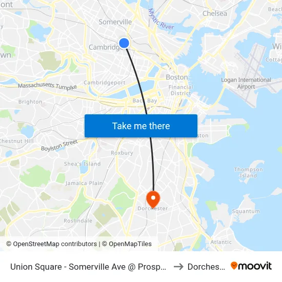 Union Square - Somerville Ave @ Prospect St to Dorchester map