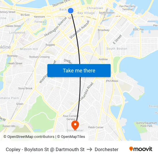 Copley - Boylston St @ Dartmouth St to Dorchester map