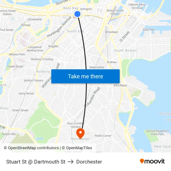 Stuart St @ Dartmouth St to Dorchester map