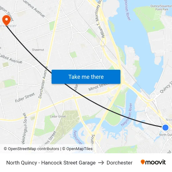 North Quincy - Hancock Street Garage to Dorchester map