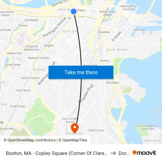 Boston, MA - Copley Square (Corner Of Clarendon St. & St. James Ave. In Front Of Trinity Church) to Dorchester map