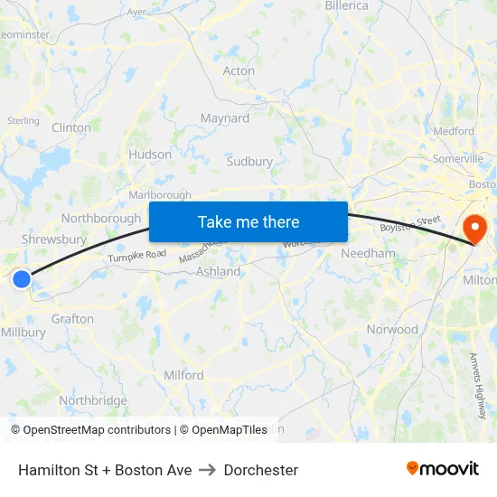 Hamilton St + Boston Ave to Dorchester map