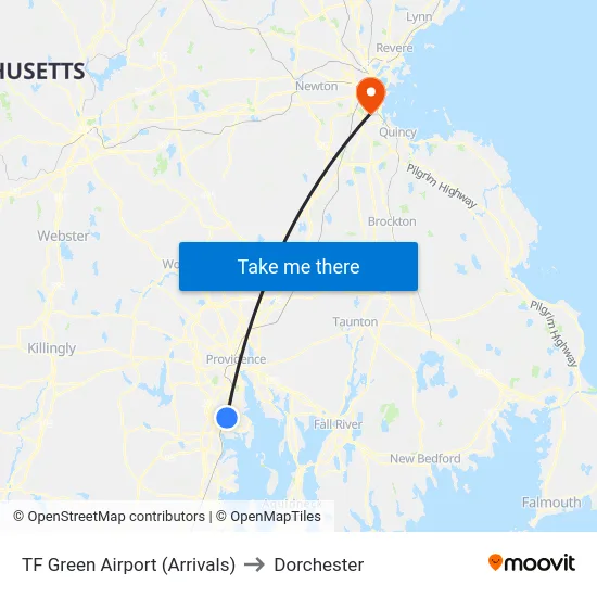 TF Green Airport (Arrivals) to Dorchester map