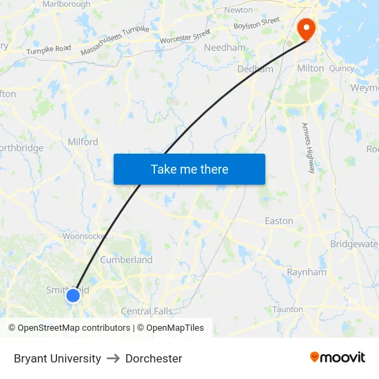 Bryant University to Dorchester map