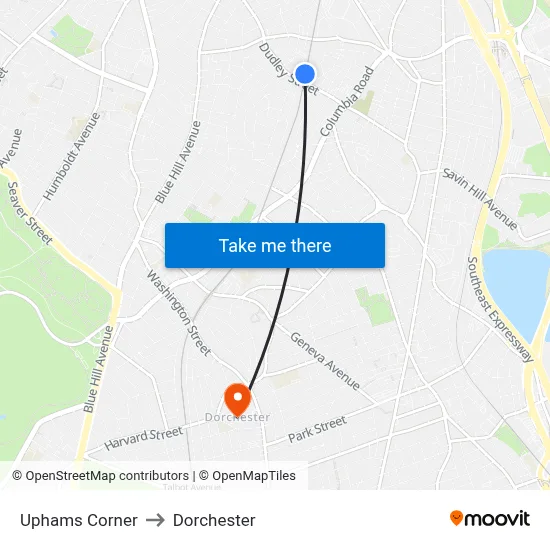 Uphams Corner to Dorchester map