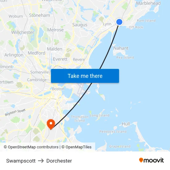 Swampscott to Dorchester map