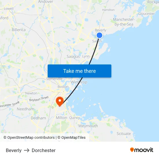 Beverly to Dorchester map