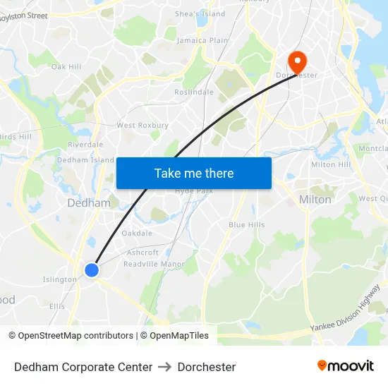 Dedham Corporate Center to Dorchester map