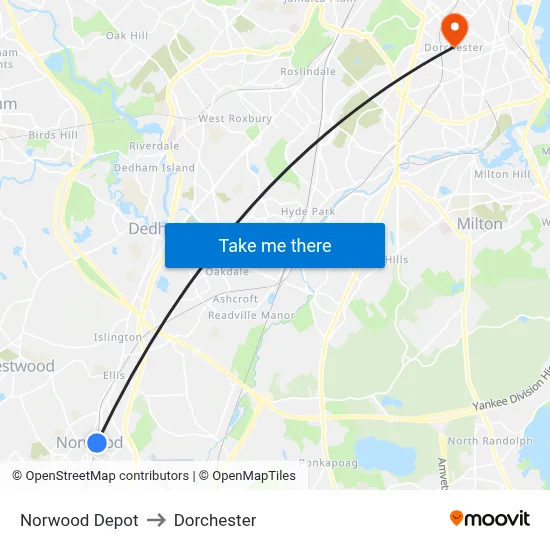 Norwood Depot to Dorchester map