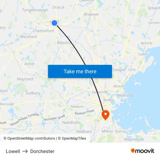 Lowell to Dorchester map