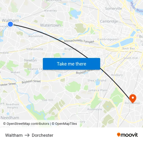 Waltham to Dorchester map
