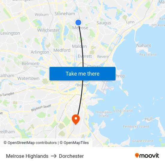 Melrose Highlands to Dorchester map