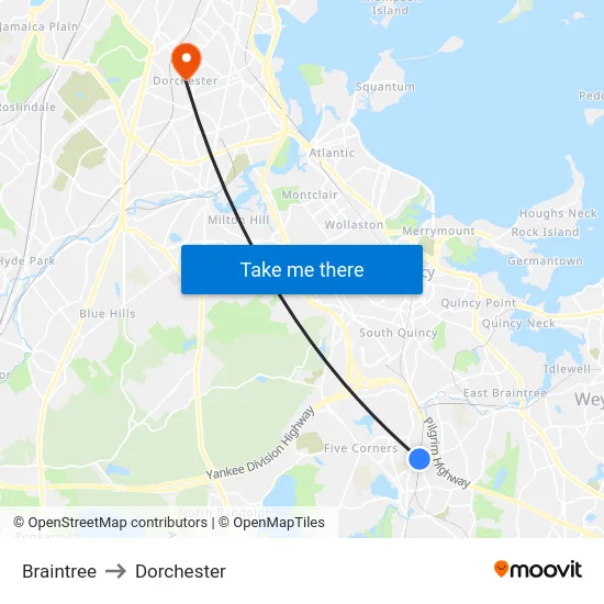 Braintree to Dorchester map